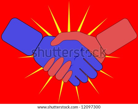 illustration of a man and woman\'s handshake - on red