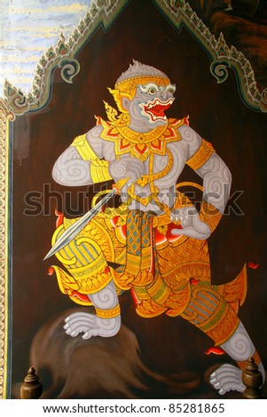 Action painting the monkey in story Ramayana at Wat Phra Kaew in Bangkok, Thailand.