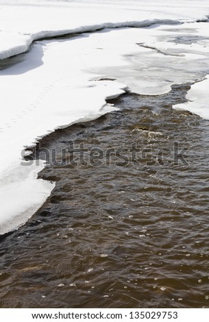 Spring runoff from melting snow raises the water level of streams, rivers and lakes. Portrait format.