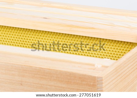 Close up of beehive deep box with new wax coated plastic foundation and wood frames. Horizontal image orientation.