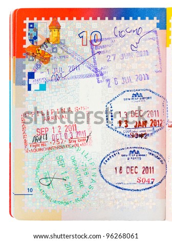 Frequently used Swiss passport in Asia, isolated on white.