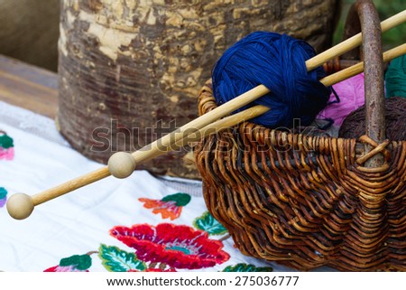 Wooden basket with colored yarn balls in the villiage style