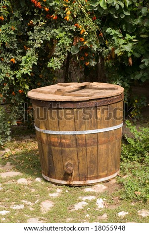 Handmade old wood barrel in the garden