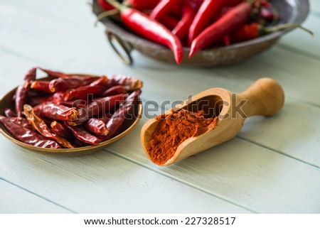 pepper powder and scoop with bowls in background on table