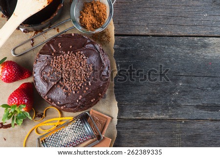 homemade chocolate cake recipe border background from above