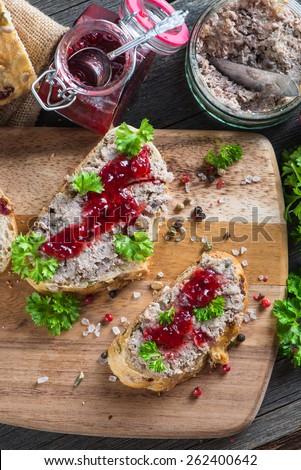 homemade meat spread on fresh bread from above
