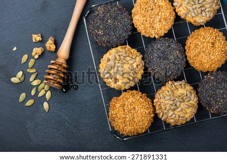 homemade healthy cookie with seeds and honey on cooling tray