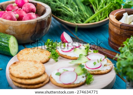 preparation of salty crackers with fresh radish and cottage cheese
