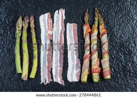 simple italian dish, asparagus with bacon or pancetta, from above