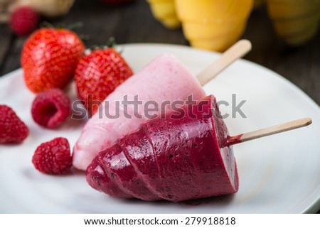 Homemade organic summer fruit ice cream on plate with fresh fruits