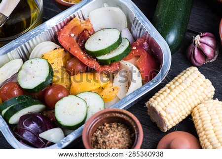 fresh vegetables for home party barbecue, on wooden table