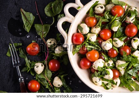 Diet salad, fresh tomato and mozzarella in rustic bowl, clean eating