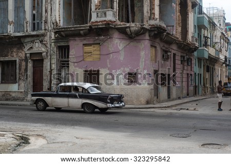 Havana, Cuba - September 28, 2015: Classic american car drive on street of Old Havana,Cuba. Classic American cars are typical landmark and tourist attraction for whole Cuban island.