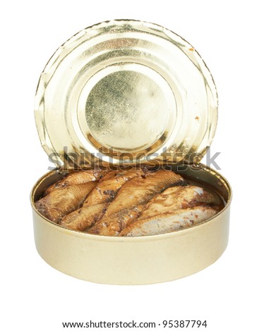 Semi Open A Tin Of Sprats Is Isolated On A Wh