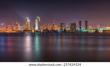 A long exposure of the San Diego city skyline with the colorful city lights reflecting in the water.
