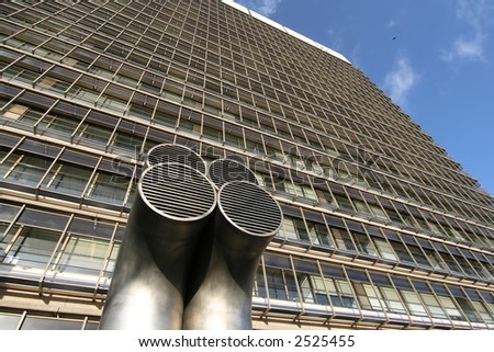 Office building with exterior air vent tubes