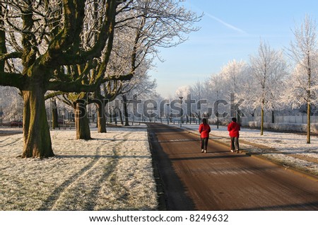 Women jogging in the morning in a wintry park