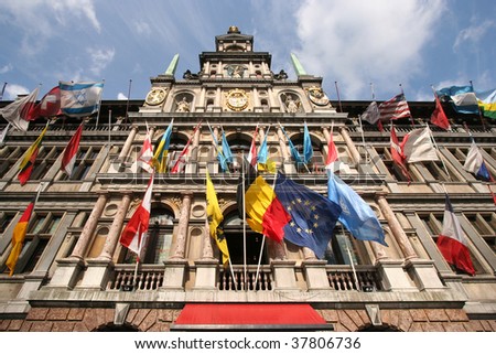 Antwerp City Hall with flags of all nations