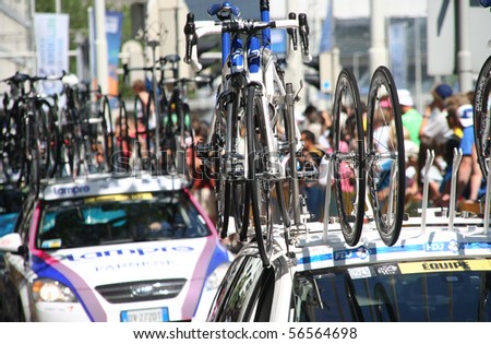 ROTTERDAM, HOLLAND - JULY 4: Bikes on top of cars at the first stage of the Tour de France in Rotterdam, Holland on July 4, 2010