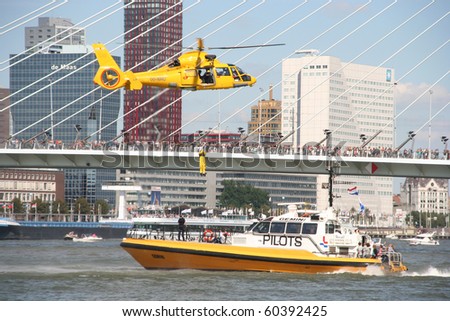 ROTTERDAM, HOLLAND - SEPTEMBER 5: Demonstration of rescue operation at sea at the annual World Harbor Days in Rotterdam, Holland on September 5, 2010