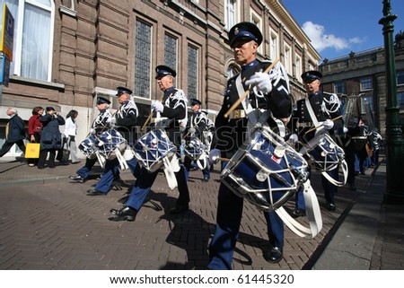 THE HAGUE, HOLLAND - SEPTEMBER 21: Brass band marching on Prinsjesdag (annual presentation of Government Policy to Parliament by the Queen) on September 21, 2010 in The Hague, Holland.