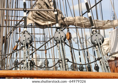 Pulleys and ropes on a big sailing ship