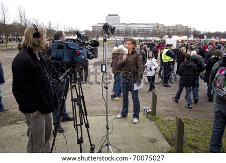 THE HAGUE, HOLLAND - JANUARY 21: TV crew at student demonstration against government policy on January 21, 2011 in The Hague, Holland