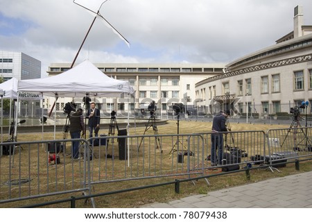 The Hague, Holland - May 27, 2011: TV crews waiting for the arrival of Serbian ex-general Mladic at Scheveningen prison near The Hague, Holland