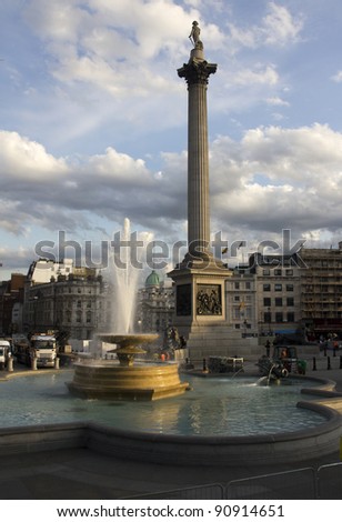 Fountain and Nelson\'s column on Trafalgar Square in London, UK
