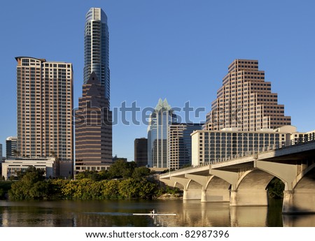 Austin, Texas skyline, Lady Bird Lake and Congress Avenue Bridge