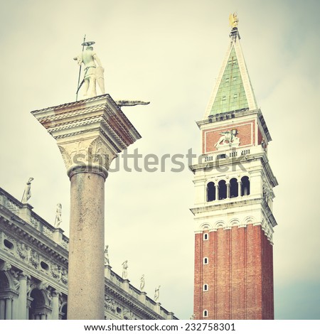 Campanile and statue of St.Theodore on San Marco square, Venice, Italy. Instagram style filtred image