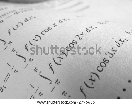 Page of higher mathematics textbook super close-up black and white
