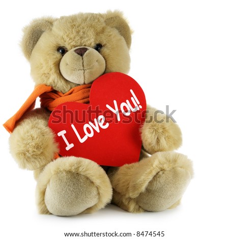 stock photo : Teddy bear and big red heart with text "I Love You"