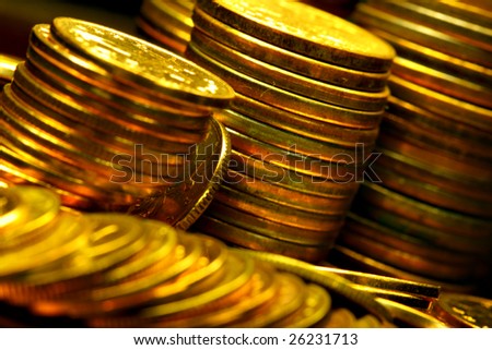 Stacks of the gold coins close up