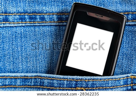 Cellular phone in jeans pocket,  put your own text on the screen