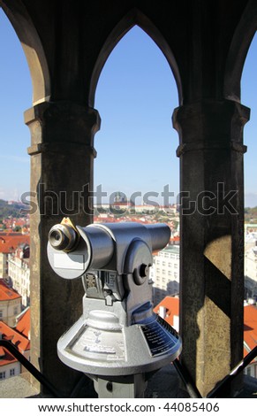 Coin operated spyglass on the City hall tower, Prague, Chech republic