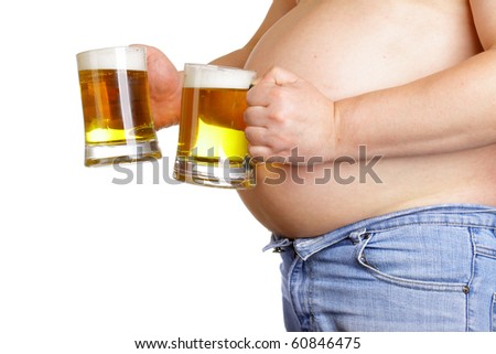 stock photo : Man with two beer mugs isolated over white baclground