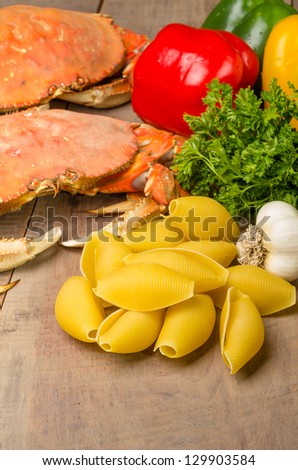 Ingredients for making Dungeness Crab Pasta with peppers