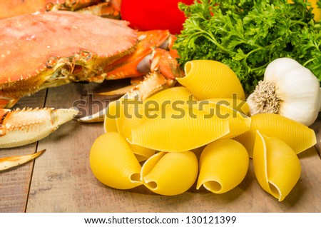Ingredients for making Dungeness Crab Pasta with garlic and parsley