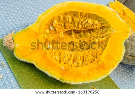 Hubbard squash cut and showing interior seeds