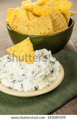 Nacho corn chips with hot pepper cream cheese dip