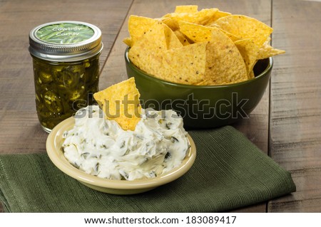 Nacho corn chips with hot pepper cream cheese dip