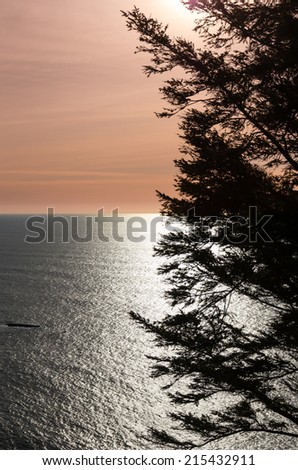 Calm ocean view at sunset with silhouette