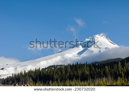 Snow covered Mt Hood with blue sky and cloud