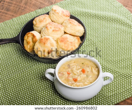 Hot chicken soup with skillet baked biscuits