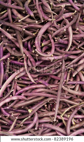 Freshly harvested purple string snap beans on display at the farmer\'s market