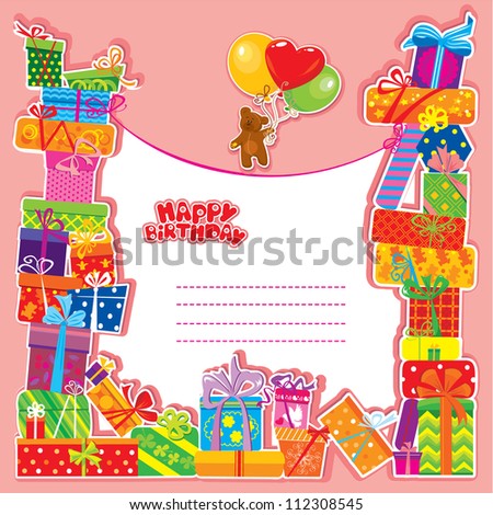 baby birthday card with teddy bear and gift boxes. Raster version