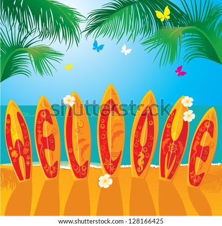 Summer Holiday card - surf boards with hand drawn text WELCOME. Raster version