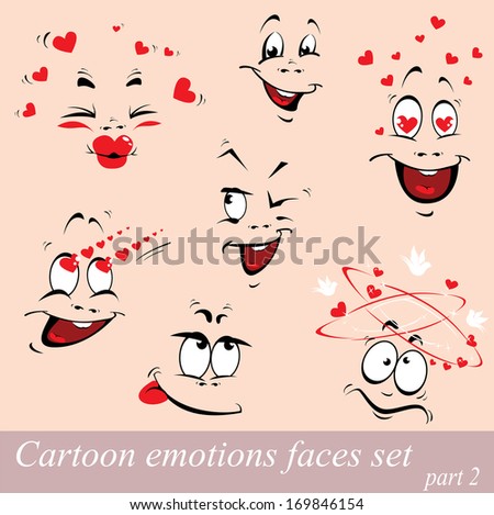 Cartoon emotions faces set, Design for love card and Valentines Day
