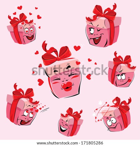 Set of pretty pink gift boxes cartoons with different expressions and  emotions. Design for love card and Valentines Day. Raster version